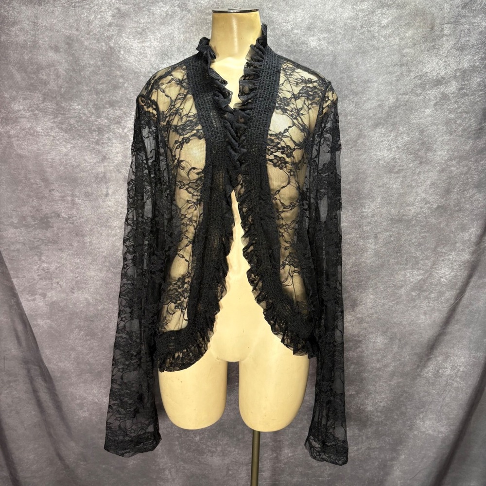 The Pyramid Collection Black Lace Ruffle Trim Open Cardigan XL 2X Whimsigoth